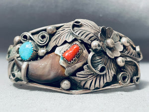 Detailed Vintage Native American Navajo Turquoise Coral Sterling