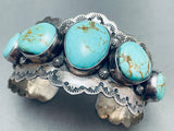 Native American Row Of Chunky Turquoise Vintage Navajo Sterling Silver Stamped Bracelet-Nativo Arts