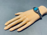 Luminous Vintage Signed Native American Navajo Blue Gem Turquoise Sterling Silver Bracelet-Nativo Arts