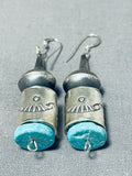 Hand Tooled Tubule Native American Navajo Sterling Silver Turquoise Earrings-Nativo Arts