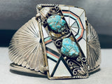 One Of The Most Unique Vintage Native American Zuni Turquoise Inlay Sterling Silver Bracelet-Nativo Arts
