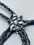 Rare Vintage Zuni Turquoise Inlay Thunderbird Sterling Silver Bolo Tie-Nativo Arts
