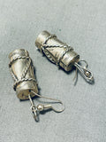 Noteworthy Native American Navajo Handcarved Sterling Silver Drums Earrings-Nativo Arts