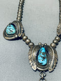 Fabulous Vintage Native American Navajo 4 Morenci Turquoise Sterling Silver Leaves Necklace-Nativo Arts