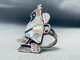 Detailed Vintage Native American Zuni Quail Bird Inlay Sterling Silver Ring Old-Nativo Arts