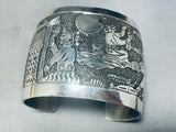 Hand Carved Native American Navajo Scene Wide Sterling Silver Bracelet Cuff-Nativo Arts