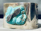 Hand Carved Indian Head!! Vintage Native American Navajo Turquoise Sterling Silver Bracelet-Nativo Arts