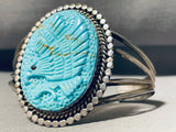 Intricately Hand Carved Vintage Native American Navajo Turquoise Eagle Sterling Silver Bracelet-Nativo Arts