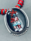 Coral Mudhead Dancer Native American Zuni Turquoise Inlay Sterling Silver Necklace-Nativo Arts
