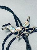 Best Vintage Native American Zuni Blue Gem Turquoise Sterling Silver Roadrunner Bolo Tie-Nativo Arts