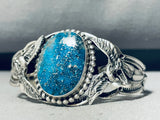 Eagles At Sides! Rare Turquoise Vintage Native American Navajo Gilbert Sterling Silver Bracelet-Nativo Arts