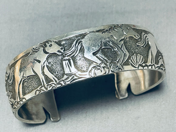 Ornamental Vintage Native American Navajo Sterling Silver Horses Bracelet Signed