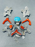 Amazing Native American Navajo Coral & Turquoise Sterling Silver Pendant And Earrings Set-Nativo Arts