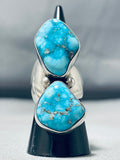 Massive Native American Navajo Signed 2 Carico Lake Turquoise Sterling Silver Ring-Nativo Arts