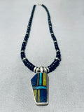 Intricate Vintage Native American Navajo Lapis Turquoise Sterlign Silver Necklace