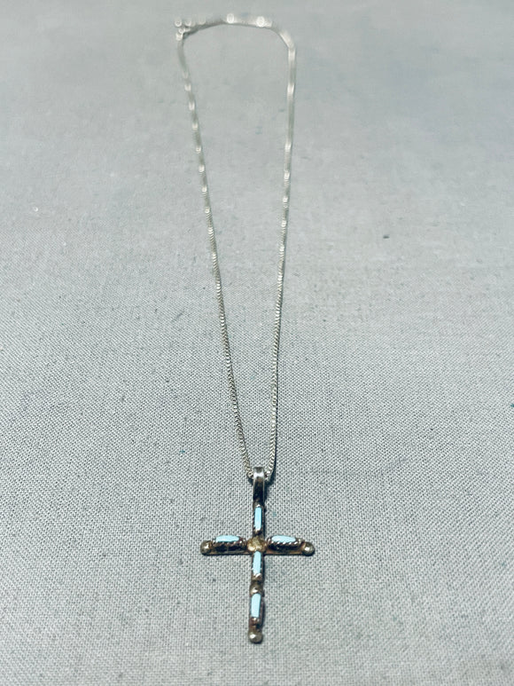 Precious Vintage Native American Zuni Blue Gem Turquoise Sterling Silver Cross Necklace-Nativo Arts