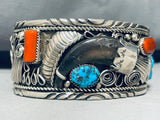 8 Inch Wrist Incredible Native American Navajo Turquoise Coral Sterling Silver Bear Bracelet-Nativo Arts