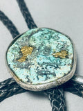 Cripple Creek Turquoise Natural Gold Vintage Native American Navajo Sterling Silver Bolo Tie-Nativo Arts