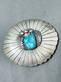 STURDY VINTAGE NAVAJO SPIDERWEB TURQUOISE STERLING SILVER LEAF BUCKLE