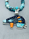 Space Bear Native American Navajo Turquoise Inlay Sterling Silver Necklace-Nativo Arts