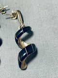 Fabulous Vintage Native American Navajo Jet Sterling Silver Twirl Dangle Earrings-Nativo Arts