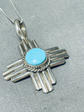 Awesome Native American Navajo Signed Sleeping Beauty Turquoise Sterling Silver Zia Necklace-Nativo Arts