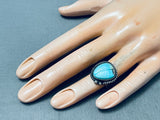 Detailed Vintage Native American Navajo Leaf Sleeping Beauty Turquoise Sterling Silver Ring