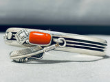 Signed Native American Navajo Coral Sterling Silver Bracelet-Nativo Arts