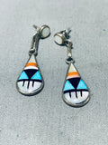Native American Attractive Vintage Santo Domingo Signed Inlay Turquoise Coral Silver Earrings-Nativo Arts