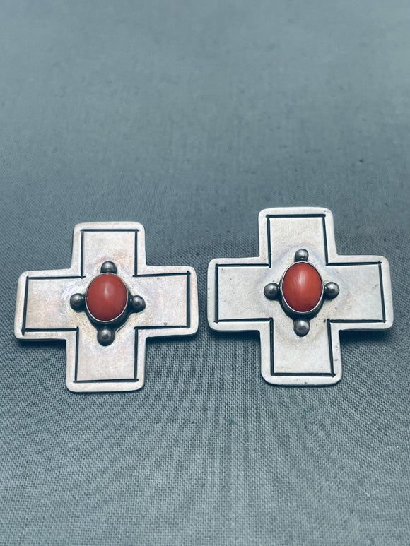 Fab Vintage Native American Navajo Domed Coral Sterling Silver Earrings-Nativo Arts