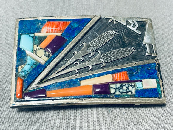 One Of The Best Vintage Native American Navajo Turquoise Inlay Sterling Silver Buckle-Nativo Arts