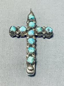 Reversible Vintage Native American Zuni Blue Gem Turquoise Sterling Silver Cross Pendant-Nativo Arts