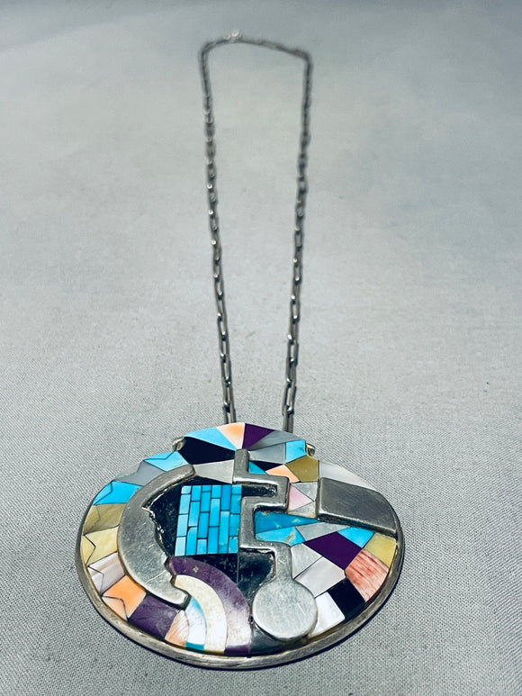 Picasso Meets Native American Zuni Vintage Turquoise Inlay Sterling Silver Necklace-Nativo Arts