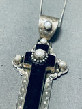 Rare Vintage Native American Navajo Jet Mother Of Pearl Sterling Silver Cross Necklace-Nativo Arts