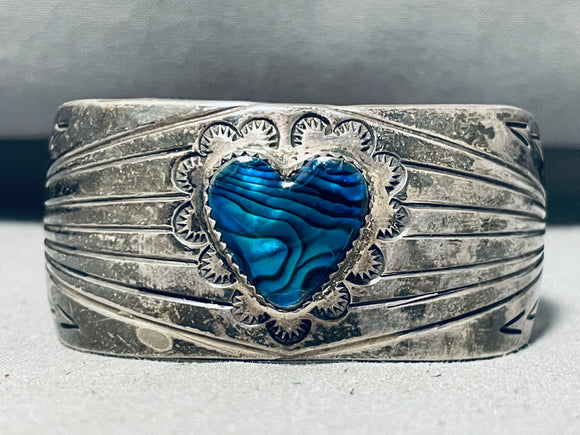 Paua Shell Heart!! Signed Vintage Native American Navajo Sterling Silver Bracelet-Nativo Arts