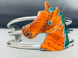 Detailed Horse Green Turquoise Spiny Oyster Horse Sterling Silver Bracelet-Nativo Arts
