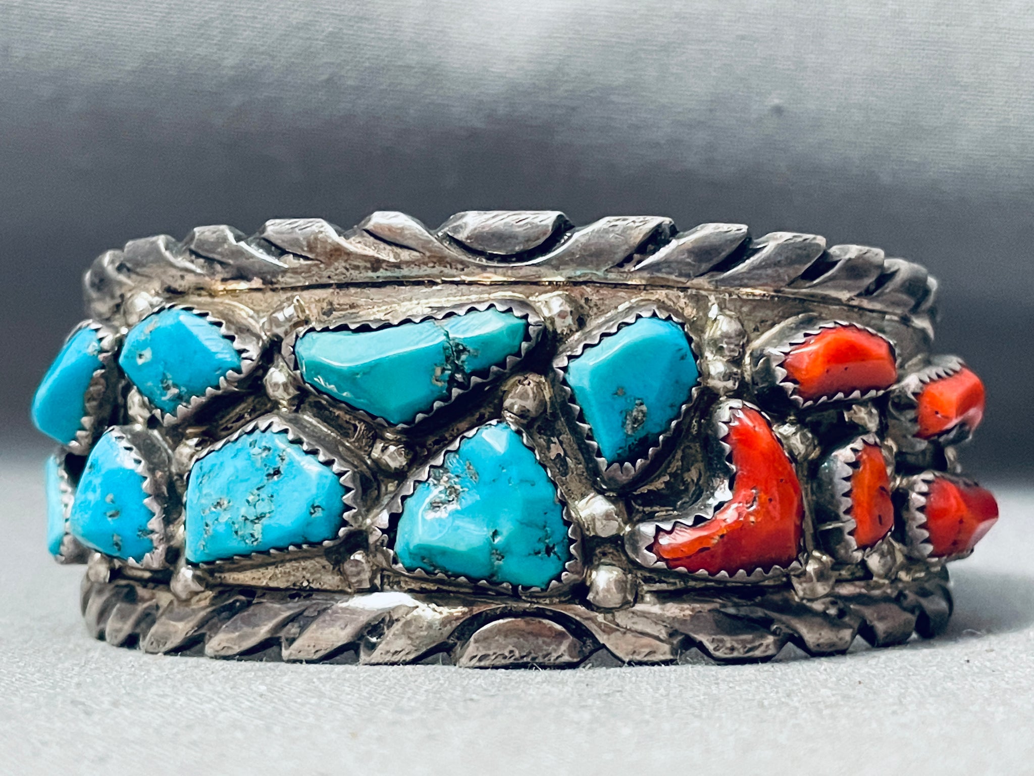 Chunky Turquoise Coral Vintage Native American Zuni Heavy Sterling