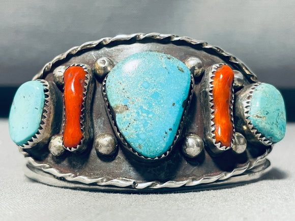 Museum Quality!! Vintage Native American Navajo Turquoise Long Coral Sterling Silver Bracelet-Nativo Arts