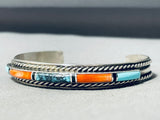 6.5 Inch Wrist Vintage Native American Navajo Yazzie Turquoise Coral Sterling Silver Bracelet-Nativo Arts