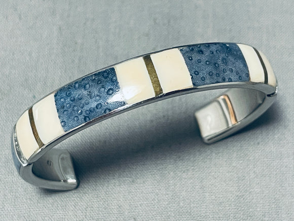 5.5 Inch Small Wrist Vintage Navajo Lapis Sterling Silver Inlay Bracelet-Nativo Arts