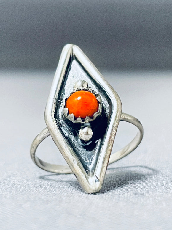 Towering Vintage Native American Navajo Coral Sterling Silver Ring Old-Nativo Arts