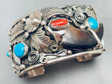 Heavy Mens Native American Navajo Turquoise Sterling Silver Bear Bracelet-Nativo Arts