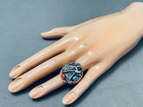 Huge Heavy Vintage Native American Navajo Eagle Sterling Silver Turquoise Ring