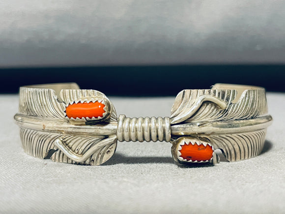 Detailed Feather Vintage Native American Navajo Coral Sterling Silver Bracelet-Nativo Arts