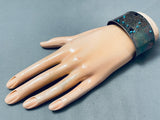 Wide Hand Tooled Vintage Southwest Sterling Silver Turquoise Bracelet-Nativo Arts