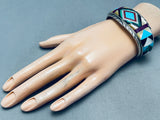 6.5 Inch Wrist Vintage Apache Turquoise Inlay Sterling Silver Bracelet Cuff-Nativo Arts