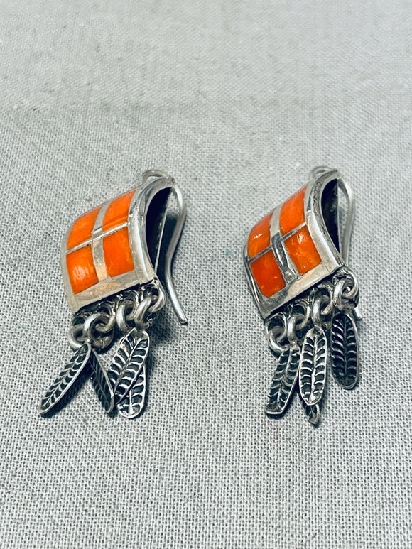Gorgeous Vintage Native American Navajo Coral Sterling Silver Earrings-Nativo Arts