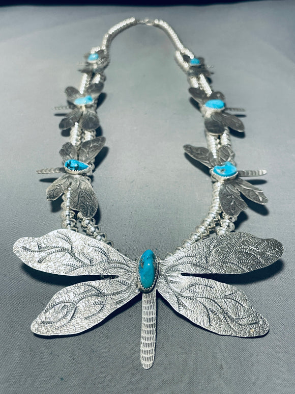 Gorgy!! Native American Navajo Butterfly Turquoise Sterling Silver Squash Blossom Necklace-Nativo Arts