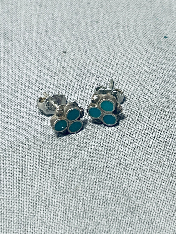 Authentic Vintage Native American Zuni Turquoise Inlay Sterling Silver Earrings-Nativo Arts