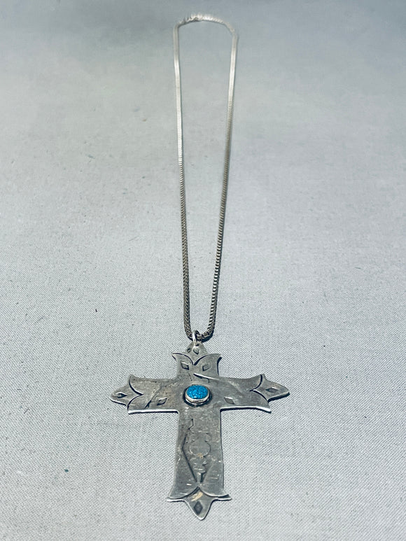 Heavenly Vintage Native American Navajo Morenci Turquoise Sterling Silver Cross Necklace-Nativo Arts